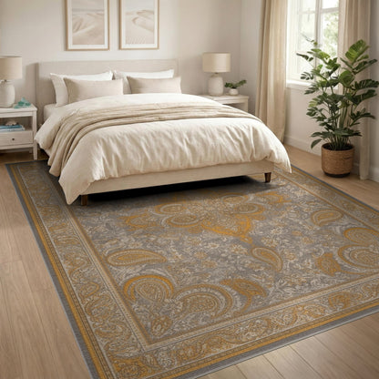 Grey Gold Medallion Paisley Area Rug
