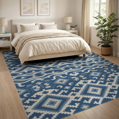 Blue and Teal Washable Blue Geometric Washable Area Rug
