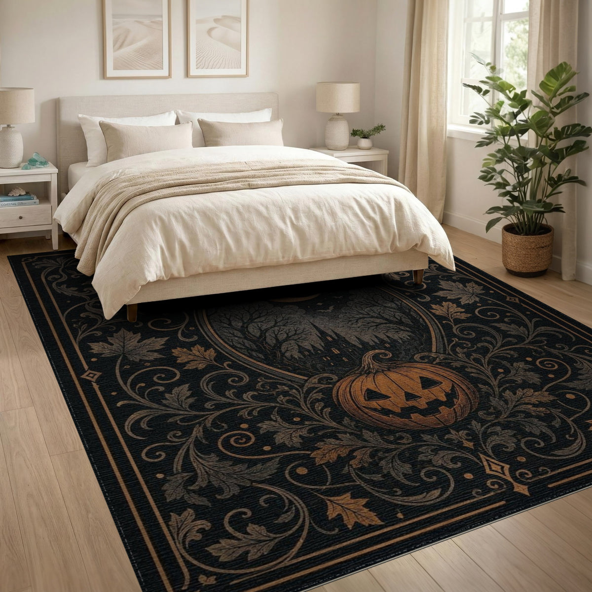 Gold and Silver Spooky Halloween Jack-o'-Lantern Area Rug