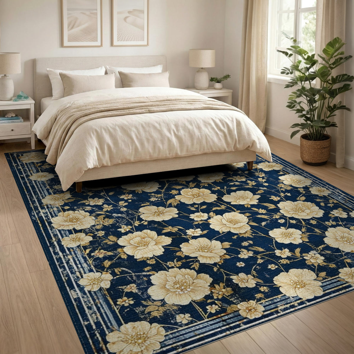 Vintage Floral Navy Blue Area Rug