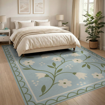 Blue Floral Scalloped Vintage Rug
