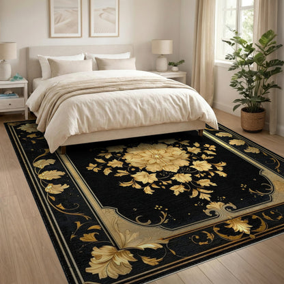 Black and Gold Floral Medallion Rug