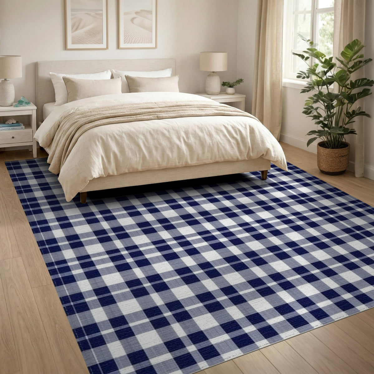 Washable Navy Blue Checkered Washable Area Rug