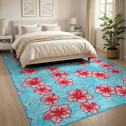 Red Hibiscus Blue Floral Area Rug