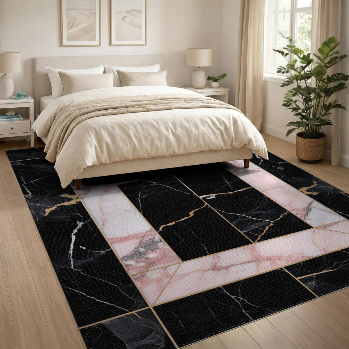 Pink Marble Geometric Frame Area Rug