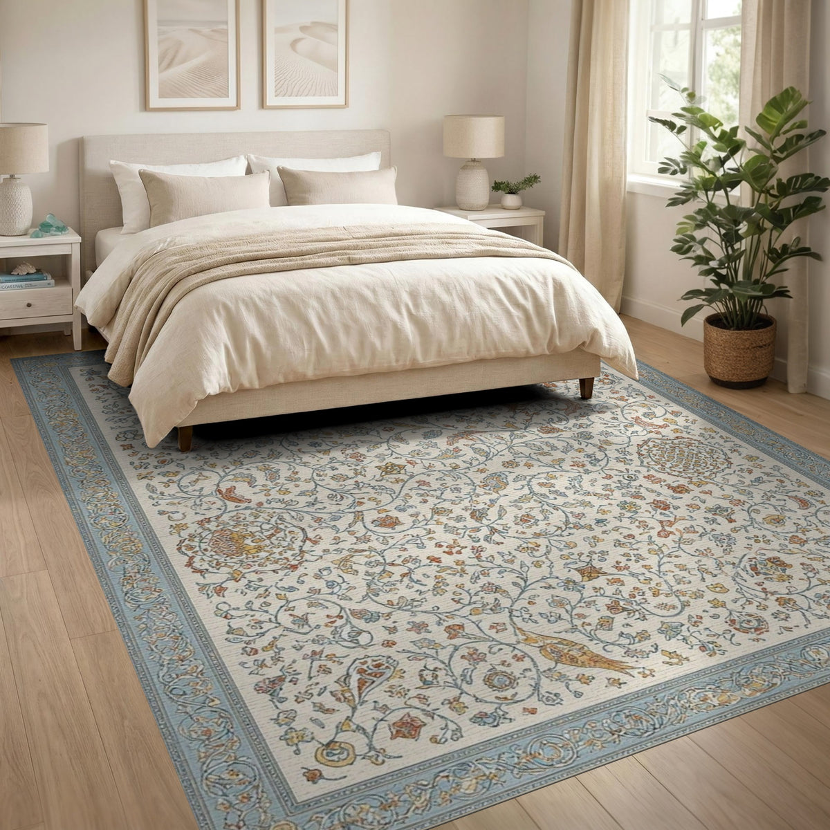 Blue Teal Floral Persian Area Rug with Birds
