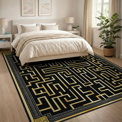 Gold and Silver Black Gold Geometric Maze Area Rug