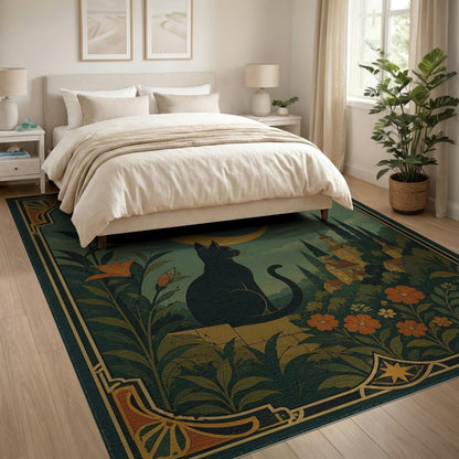 Moonlit Black Cat Floral Vintage Rug