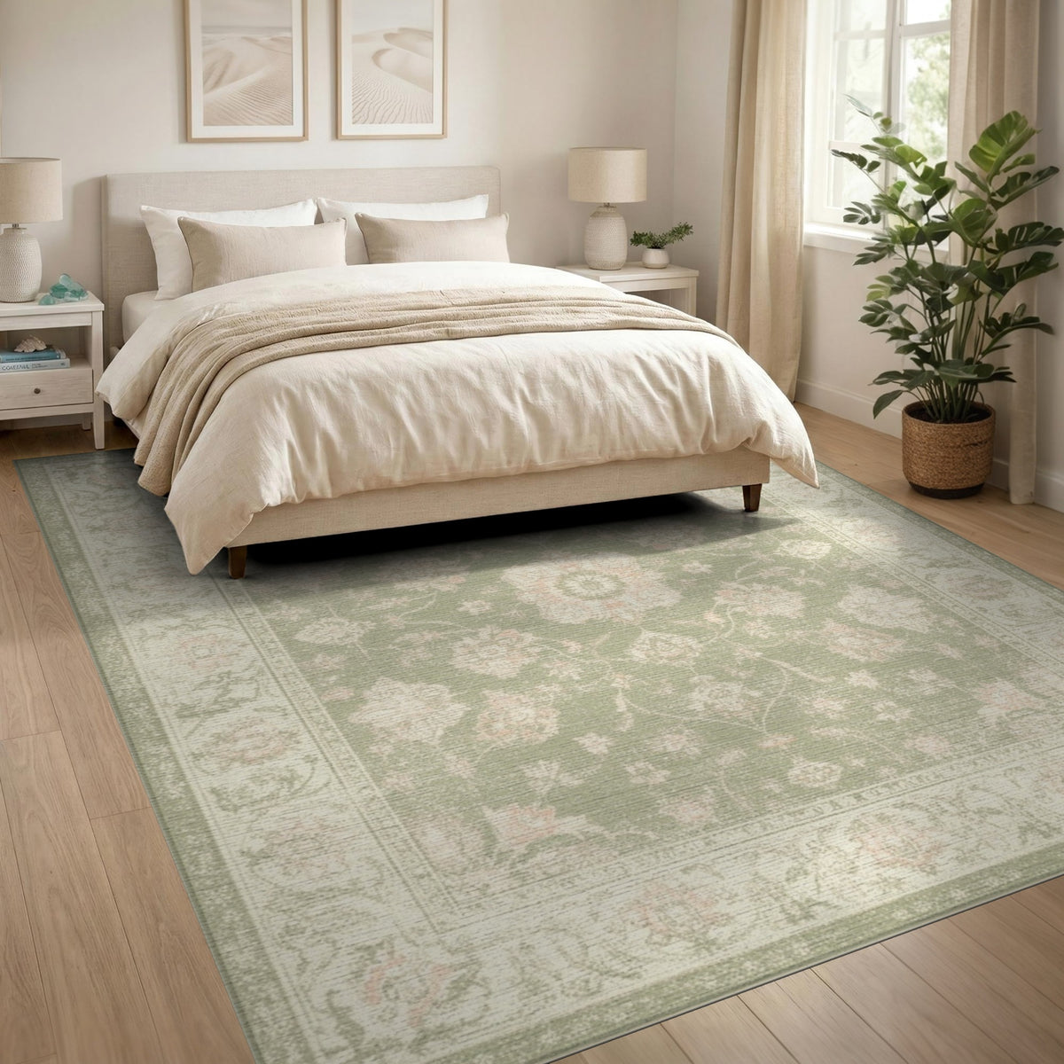 Sage Green Floral Vintage Area Rug