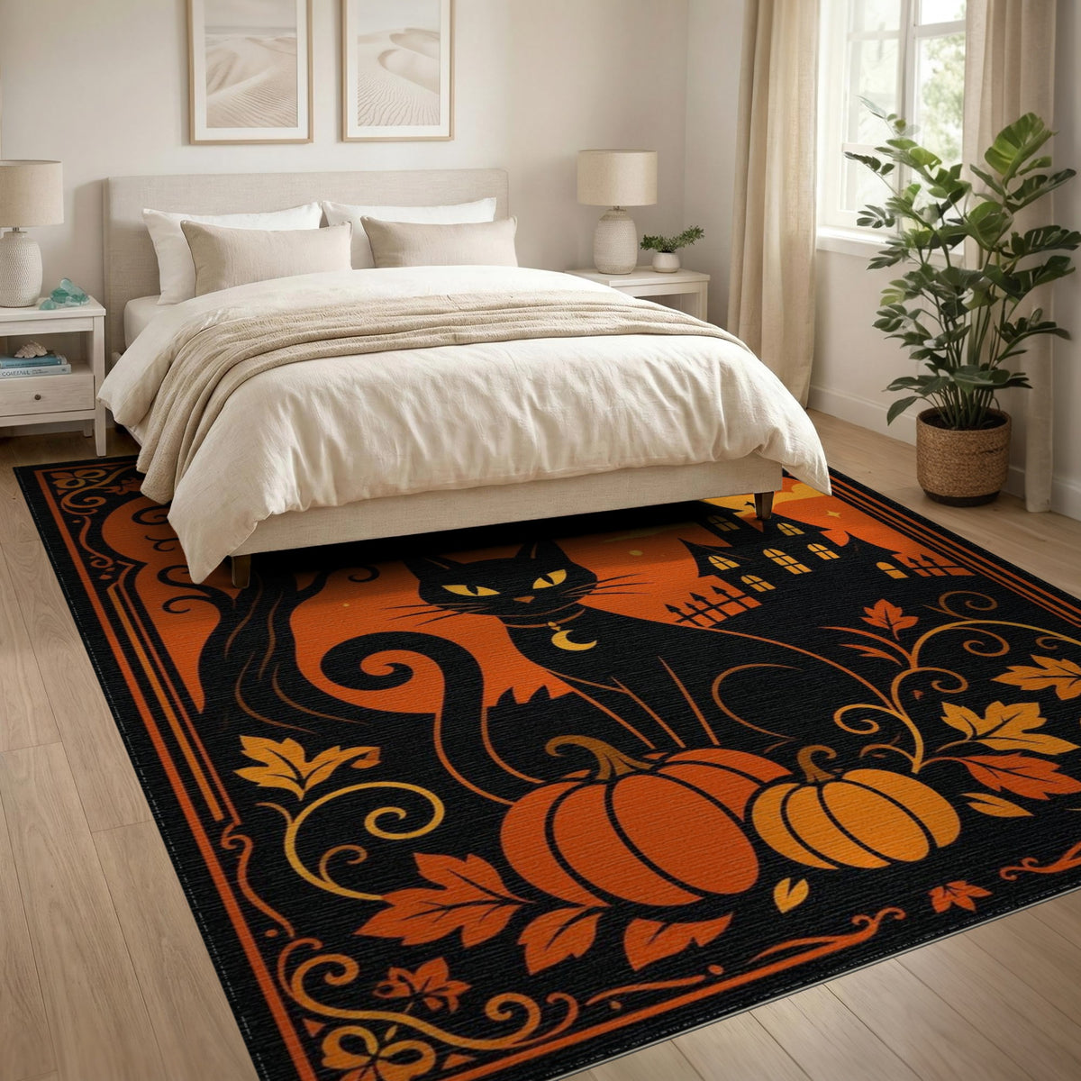 Orange Black Cat Pumpkin Halloween Orange Area Rug