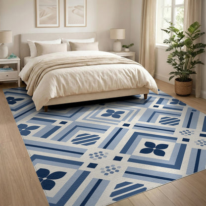 Blue Geometric Floral Washable Area Rug