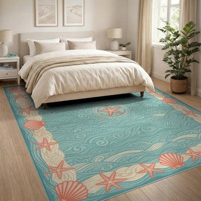 Blue Teal Coastal Starfish Wave Area Rug