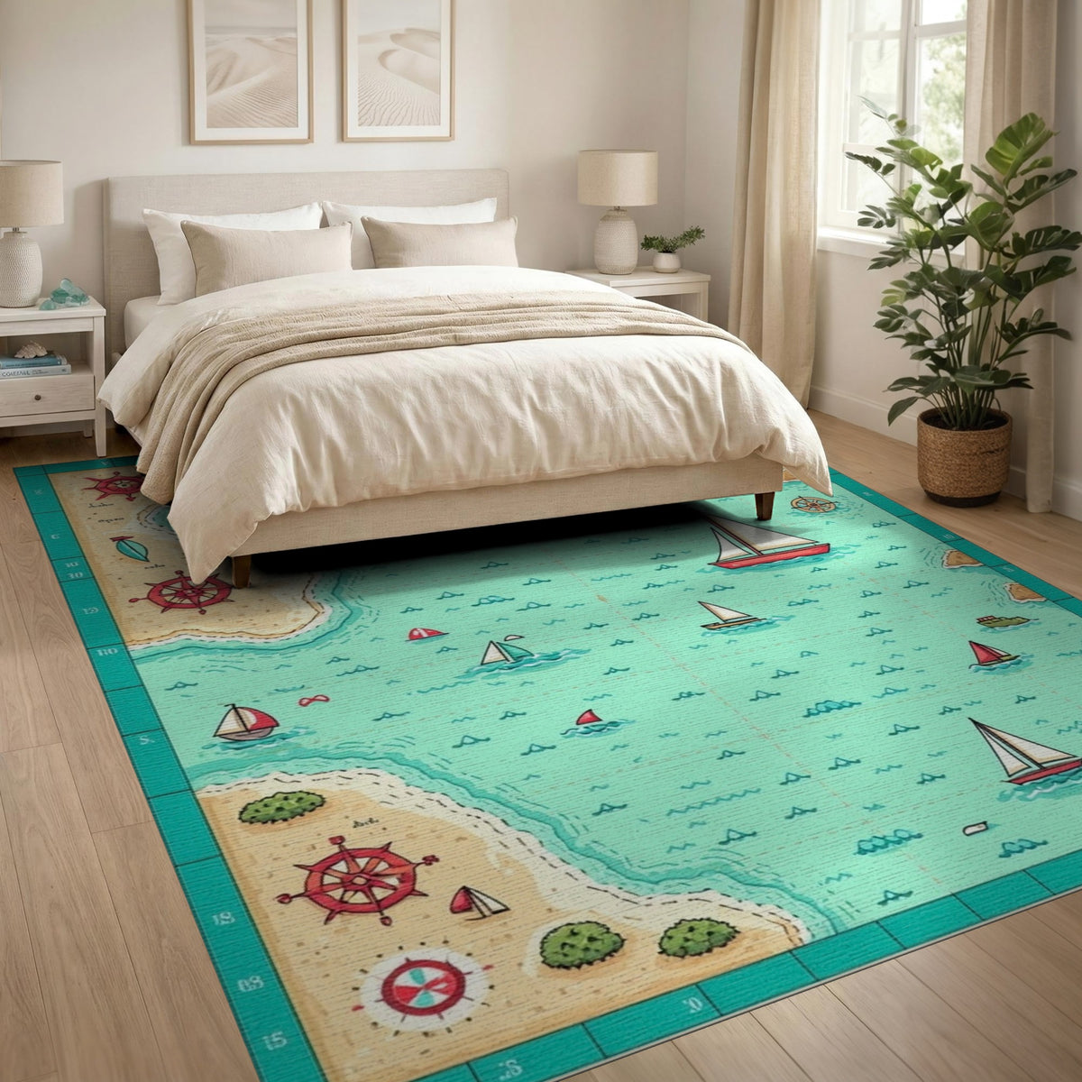 Coastal Nautical Map Washable Area Rug