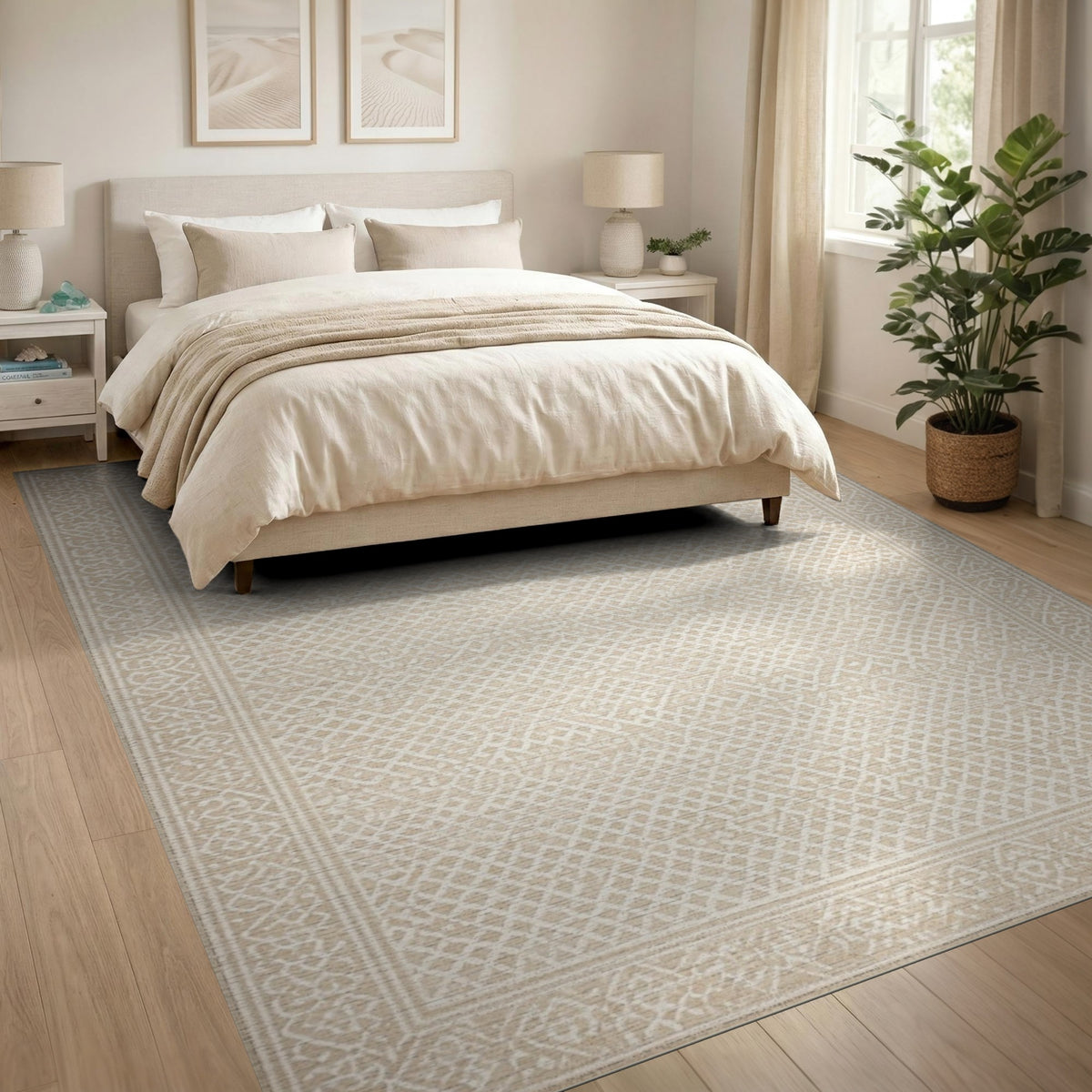 Beige Geometric Trellis Washable Area Rug