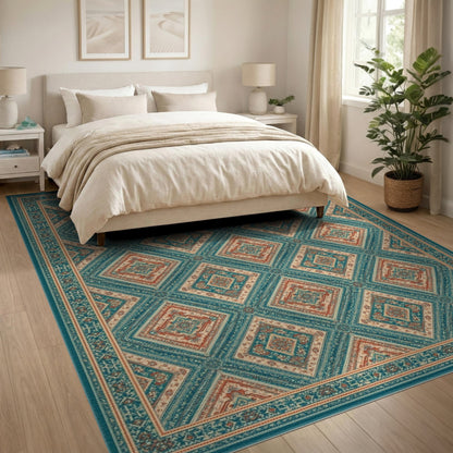 Teal Coral Diamond Lattice Area Rug