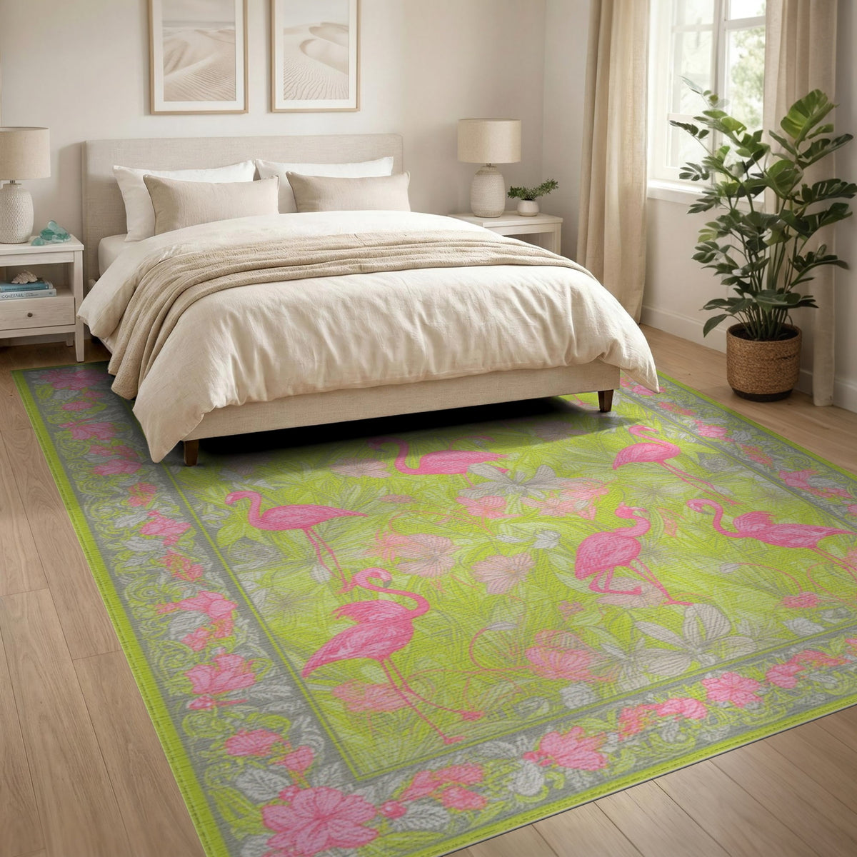 Floral Vintage Pink Flamingo Floral Area Rug