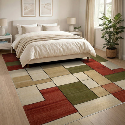 Geometric Block Red Beige Area Rug