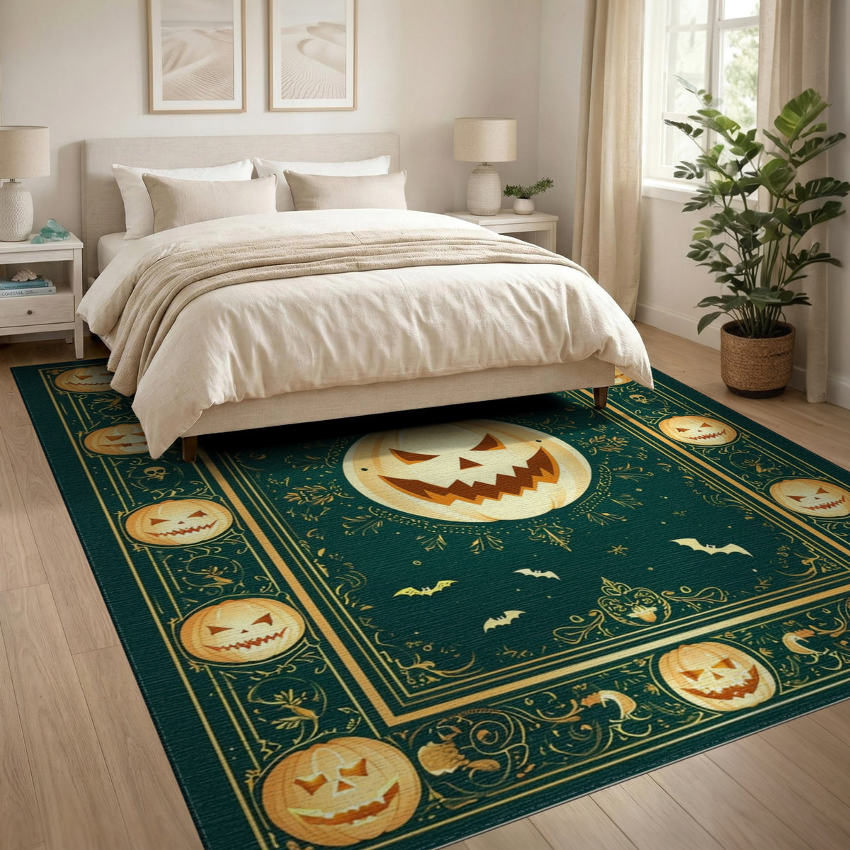 Green Halloween Pumpkin Area Rug with Gold Border