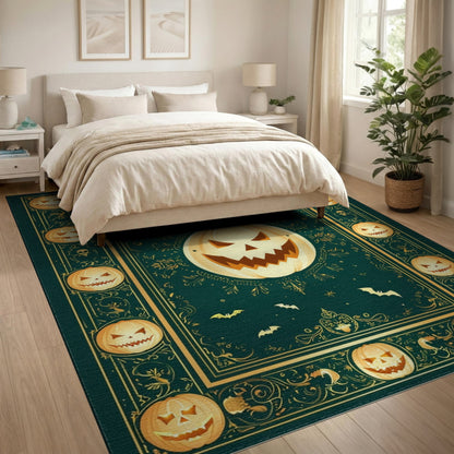 Green Halloween Pumpkin Area Rug with Gold Border