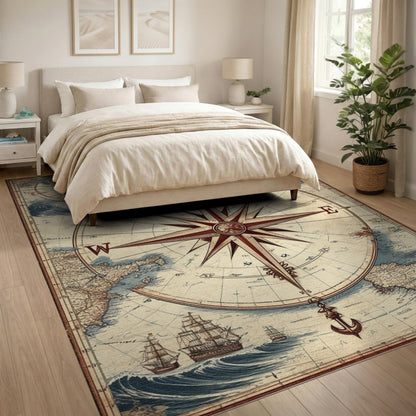 Brown and Tan Vintage Compass Map Area Rug