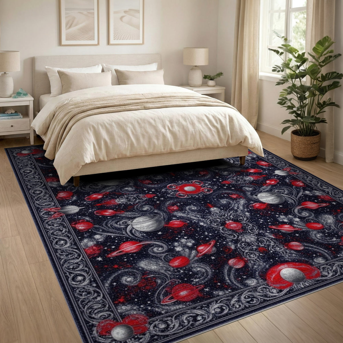 Red Celestial Planets Area Rug