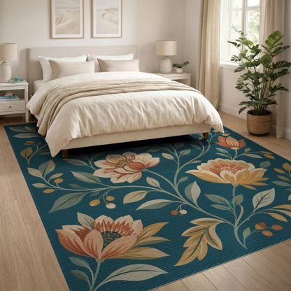 Washable Teal Floral Vintage Washable Area Rug
