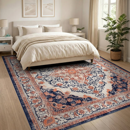 Navy Blue Orange Persian Medallion Rug