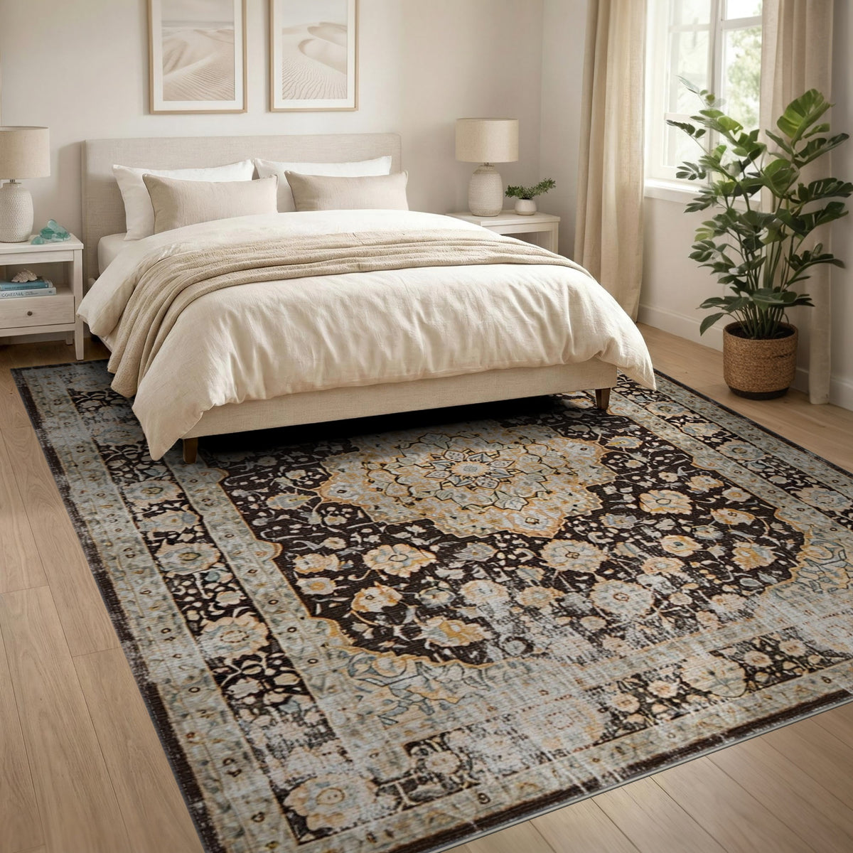 Beige Floral Medallion Distressed Area Rug