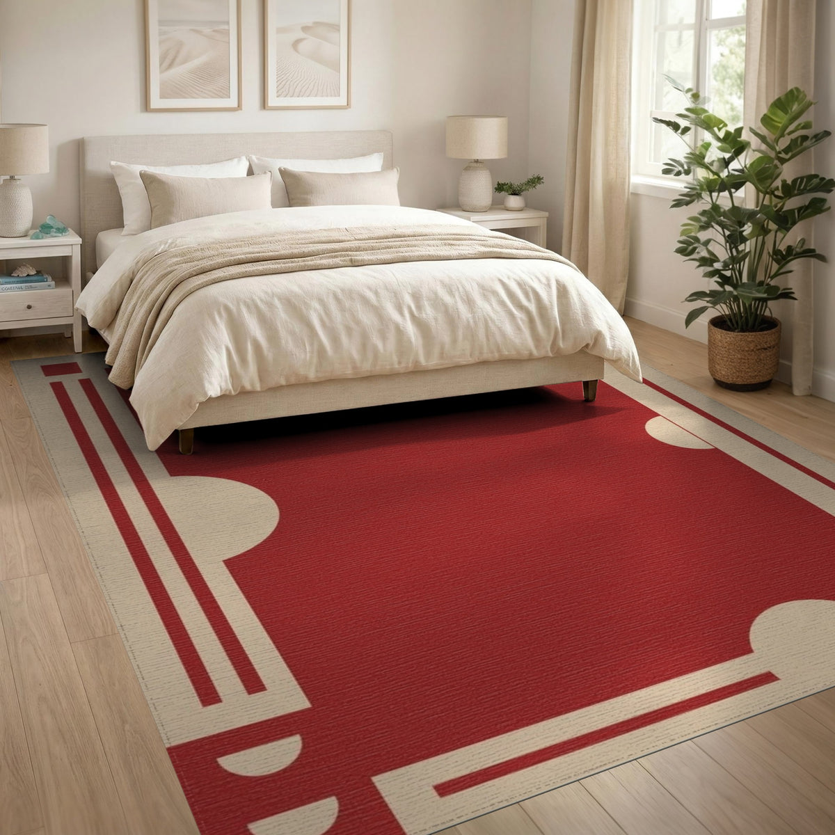Red Geometric Area Rug with Cream Borders