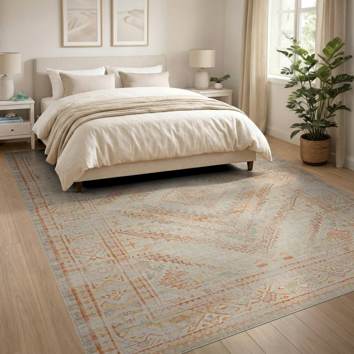 Beige Distressed Geometric Medallion Area Rug