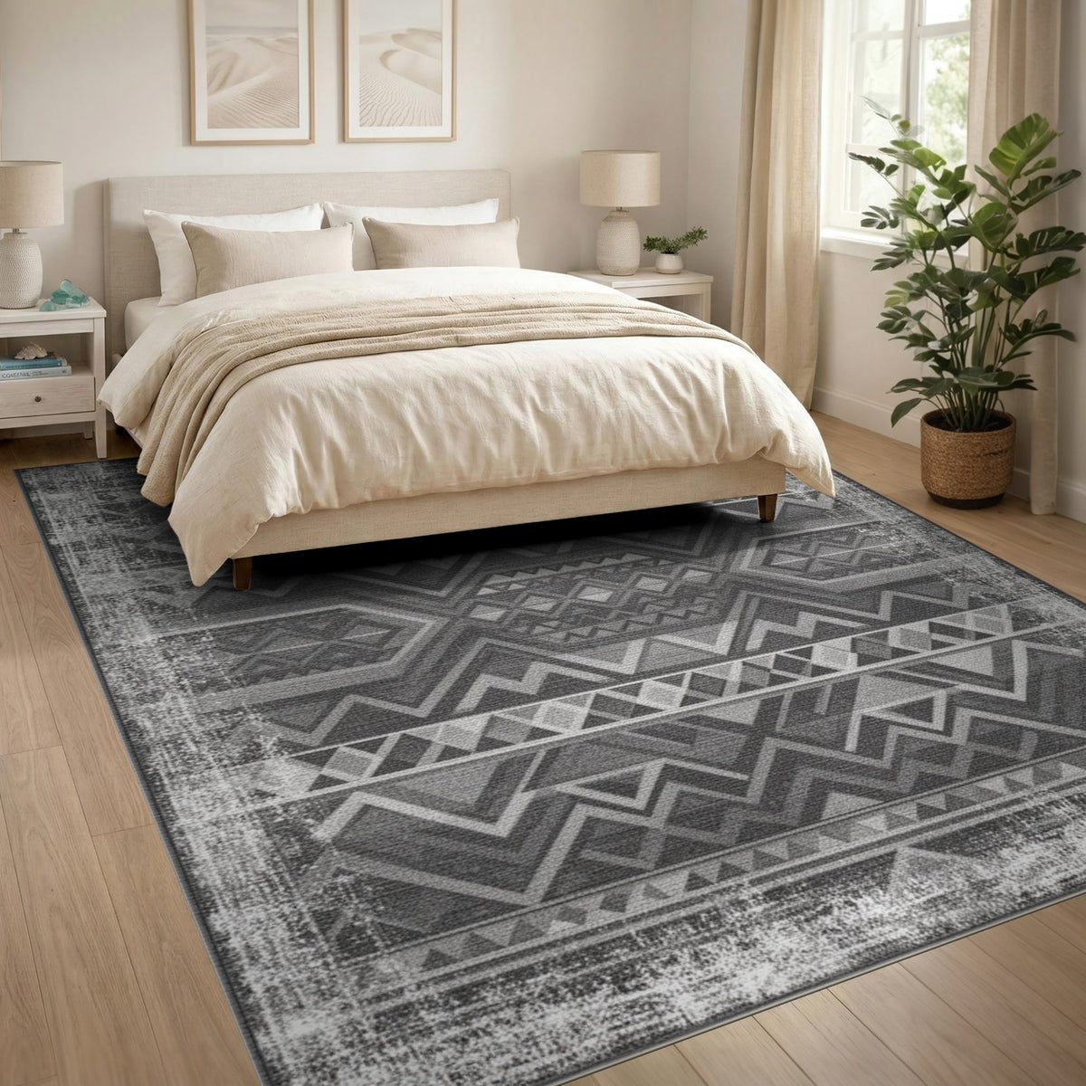 Distressed Black White Tribal Area Rug