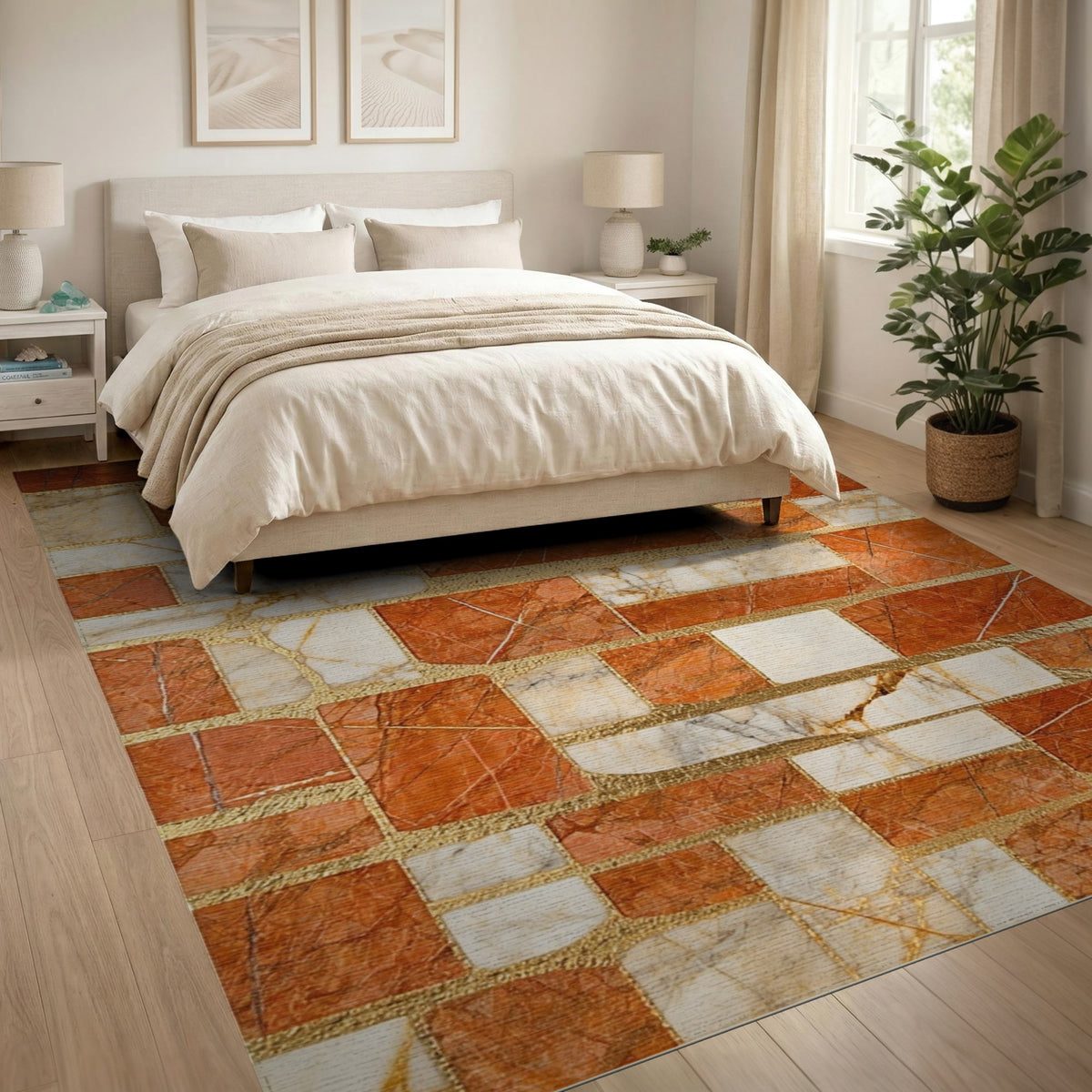 Orange Marble Geometric Mosaic Area Rug
