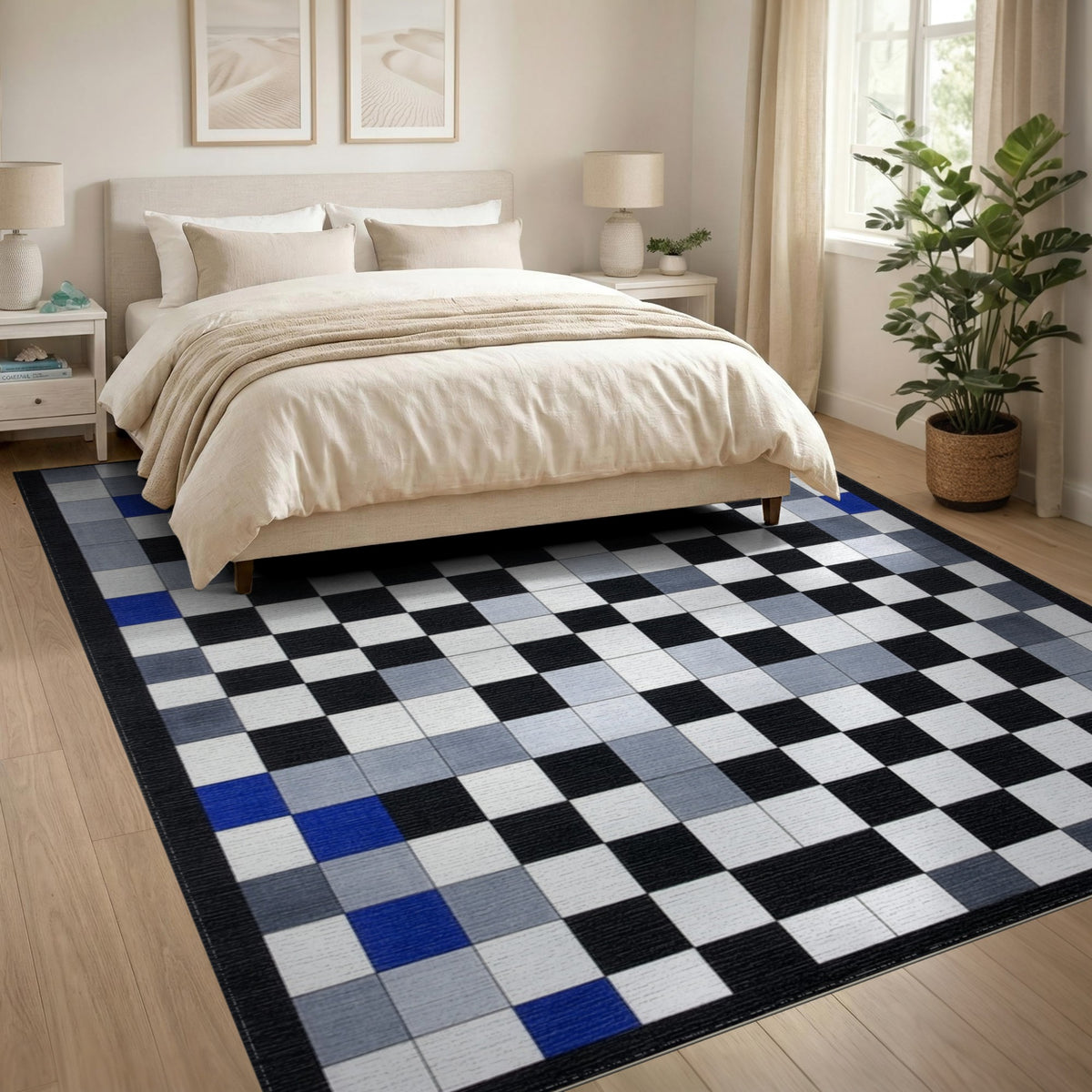 Black White Geometric Area Rug with Blue Accents