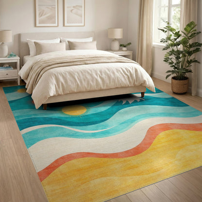Coastal Waves and Suns Washable Area Rug