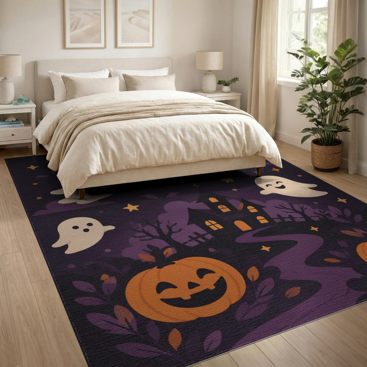 Cute Halloween Ghosts Pumpkins Purple Area Rug