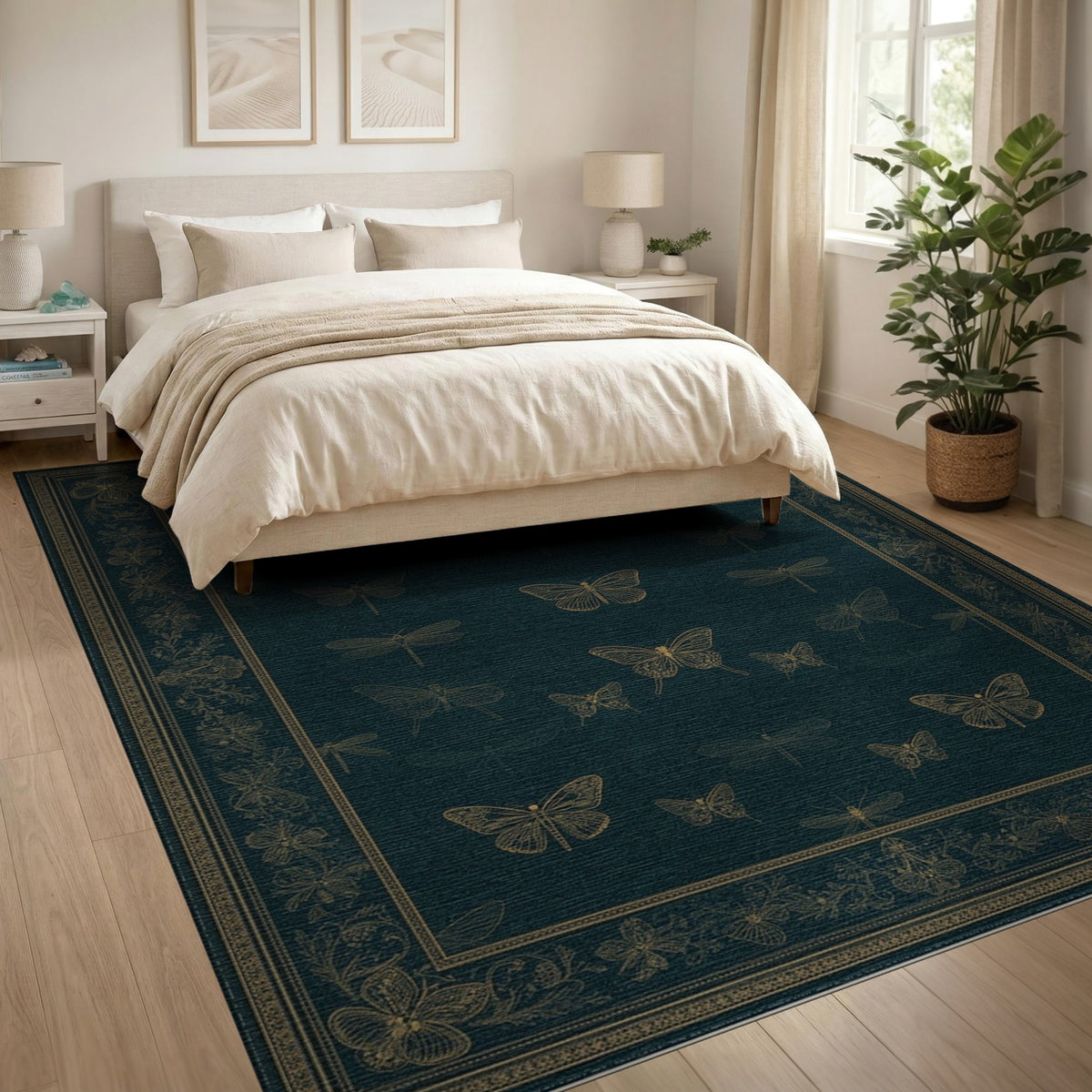 Teal Vintage Butterfly and Dragonfly Area Rug