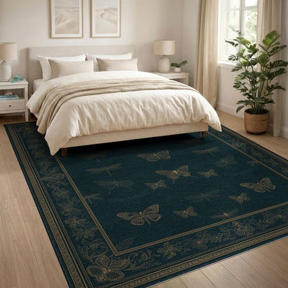 Teal Vintage Butterfly and Dragonfly Area Rug