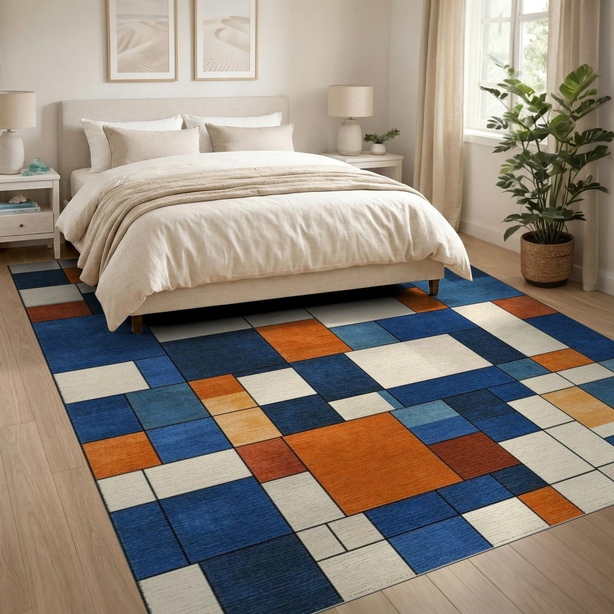 Blue Orange Geometric Modern Area Rug