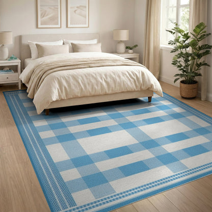 Coastal Beach Blue Gingham Checkered Washable Area Rug