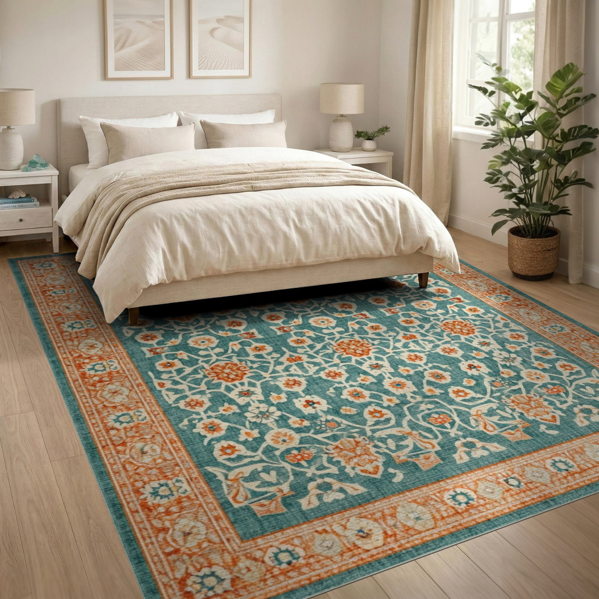 Teal Floral Vintage Area Rug with Orange Accents