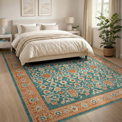 Teal Floral Vintage Area Rug with Orange Accents