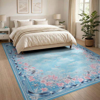 Blue Floral Moon Stars Washable Area Rug