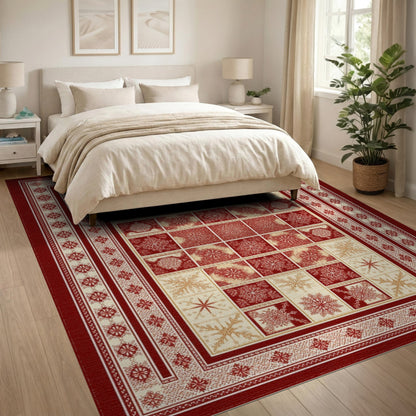 Red Snowflake Geometric Area Rug