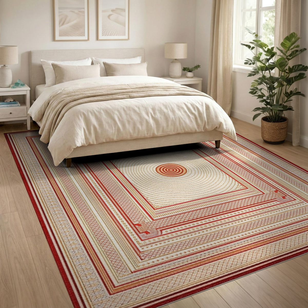 Red Geometric Concentric Circle Area Rug