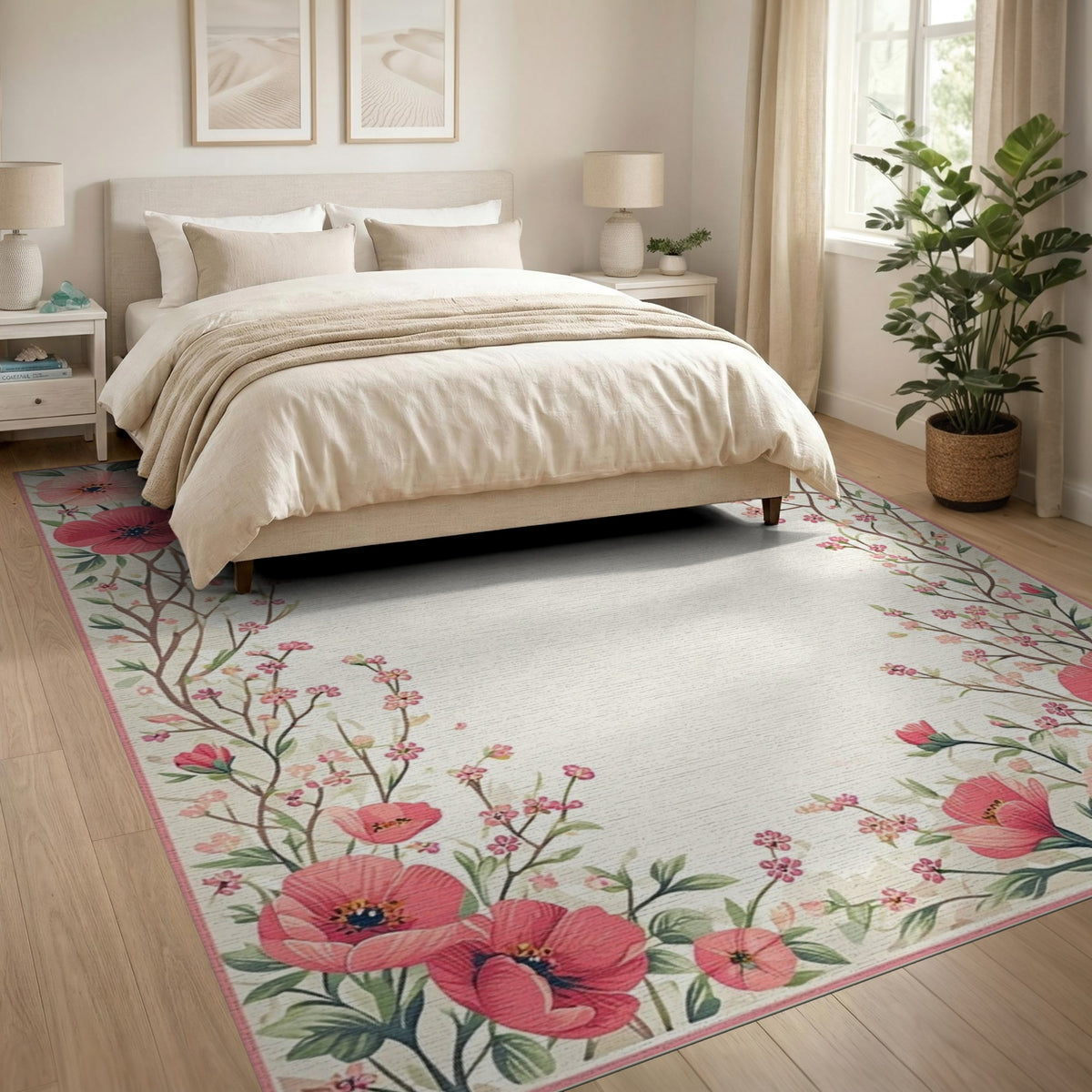 Floral Vintage Pink Poppy Floral Vintage Area Rug