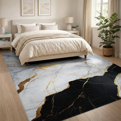 Abstract Area Black White Marble Gold Area Rug