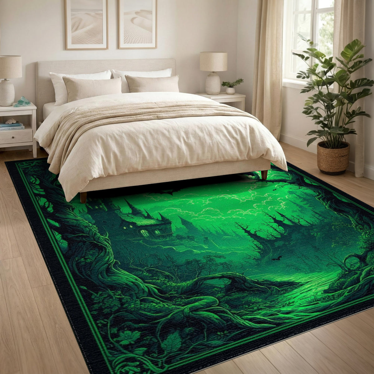 Gothic Green Castle Moonlit Forest Area Rug