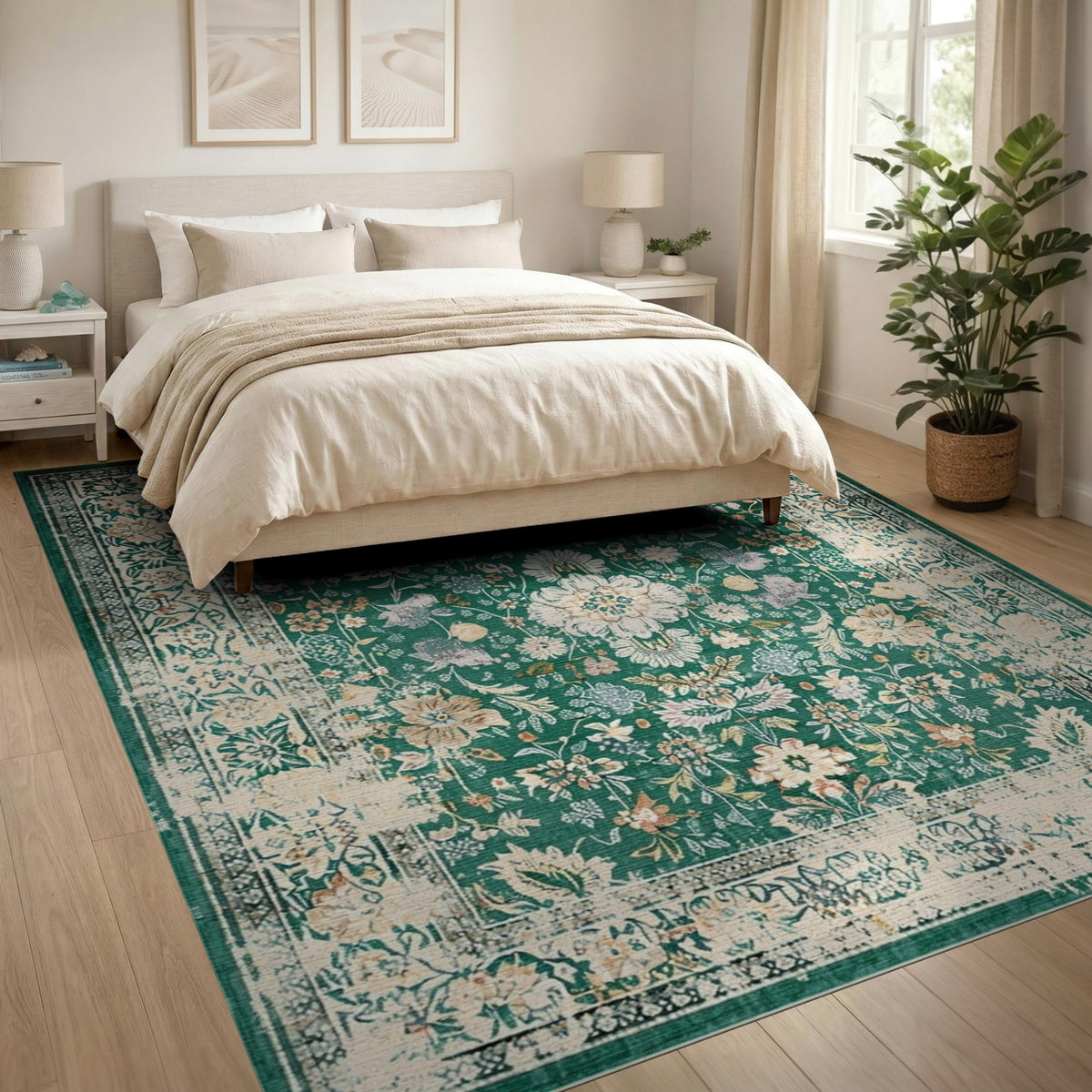 Green Floral Vintage Area Rug