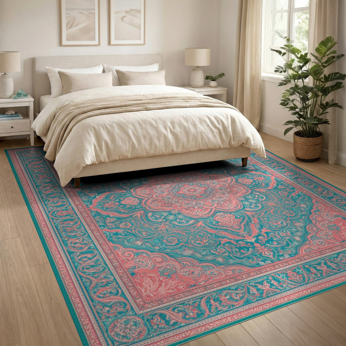 Blue and Teal Pink Persian Medallion Area Rug