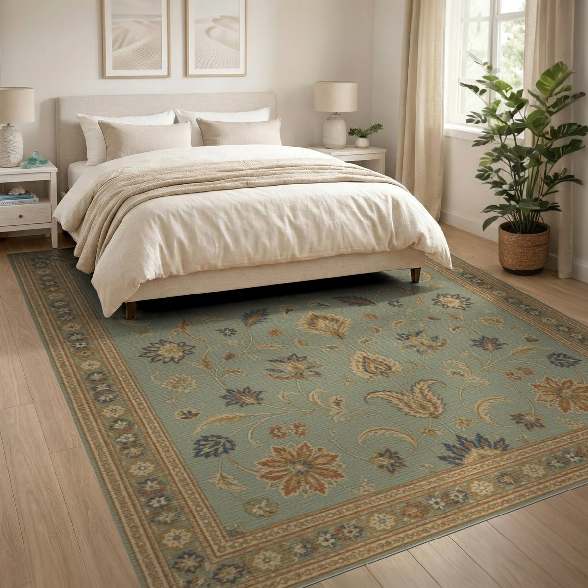 Blue Teal Floral Vintage Area Rug